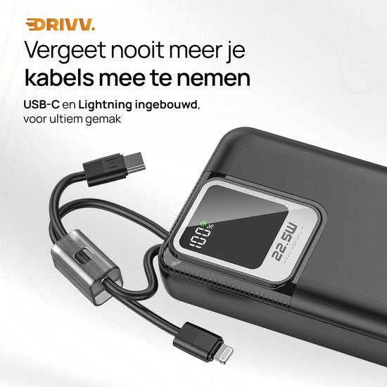 Drivv. Batterie externe 20 000 mAh - Avec câble 8 broches et USB-C intégré - Câble de recharge 60 W inclus - Fonction de recharge rapide 22,5 W - USB / USB-C - Kit d'urgence