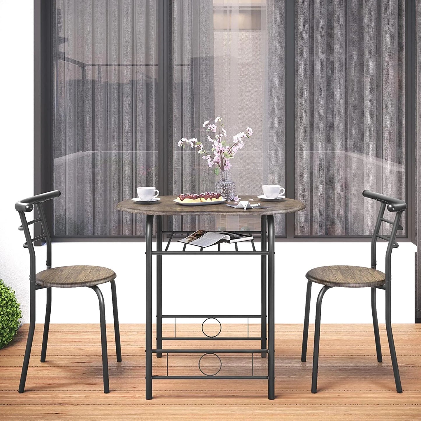 Yaheetech Dining Set Of 3 - Comprend une table avec 2 chaises, une étagère de rangement réglable et un revêtement hydrofuge - Pour la cuisine et la salle à manger - Driftwood Brown Metal and MDF - 80 x 53 x 73.5 cm