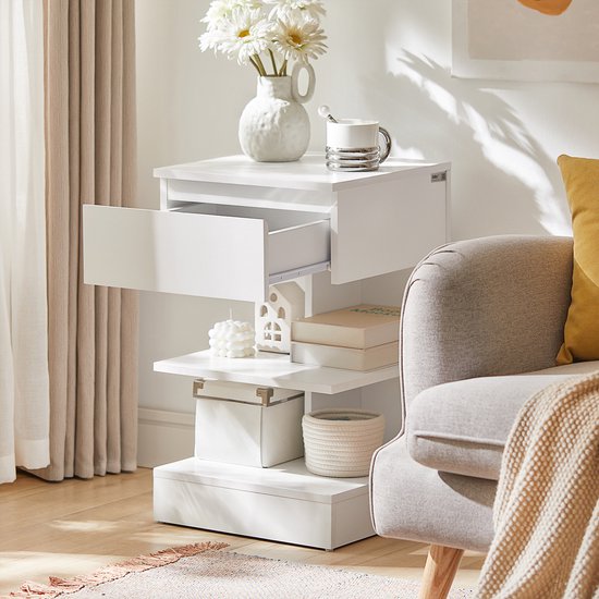 SoBuy Lot de 2 tables d'appoint, table de nuit avec 1 tiroir et 3 étagères, table basse au design scandinave pour le salon ou la chambre, blanc, 39x65x39cm, FBT49-Wx2