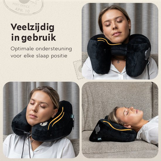 TRAVARA Oreiller gonflable pour la nuque - The Airsnoozer - Oreiller de voyage - Pour l'avion et la voiture - Avec bouchons d'oreilles - Oreiller pour la nuque - Noir