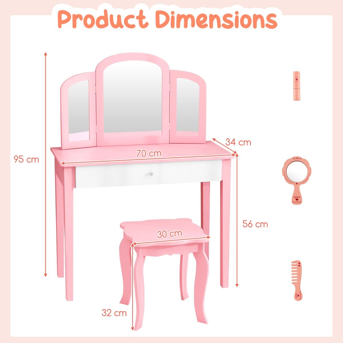 Coast Children's Dressing Table Set Pink - 70x34x95 cm Table avec tabouret et miroir pliant 3 pièces