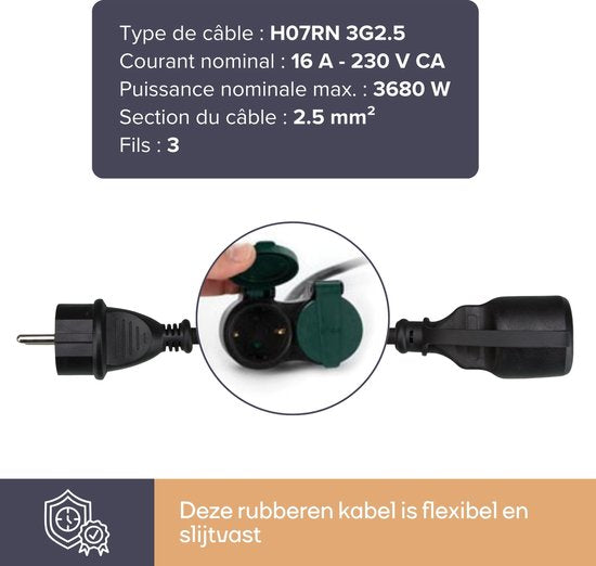 Perel Rallonge électrique, câble d'extension, câble d'alimentation, câble de rallonge, câble d'intérieur avec deux prises pour l'extérieur IP44, avec mise à la terre, Schuko, H07RN 3G2,5, PVC, caoutchouc, 20 m, noir