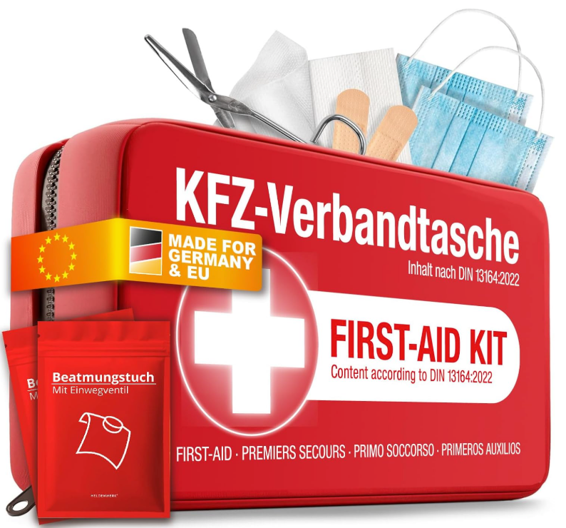 HELDENWERK - Boîte de secours & trousse de secours Car - Norme DIN 13164:2022 - Nylon rouge déperlant - Comprend des lingettes et des masques respiratoires - Pour voiture et moto - Compact et sûr