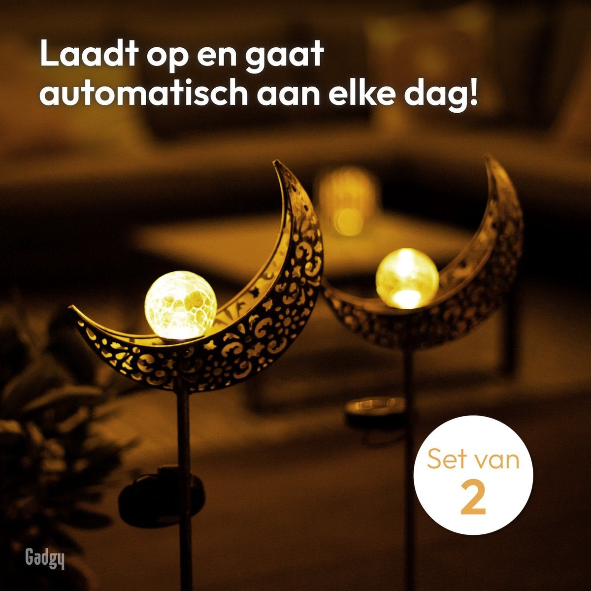 Gadgy Solar Tuinverlichting - Maan Lamp met grondspies - Tuinverlichting op zonneenergie Buiten - Set van 2 st. - Led Buitenverlichting met Sensor - Tuinlantaarn - Tuinfakkel 88 cm hoog - Tuinsteker - Brons - Metaal