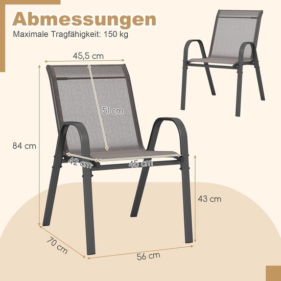 COSTWAY Lot de 4 chaises de jardin empilables, chaises empilables en textile et structure métallique, chaises de terrasse avec accoudoirs, chaises de balcon, charge jusqu'à 150 kg, 56 x 70 x 84 cm, gris