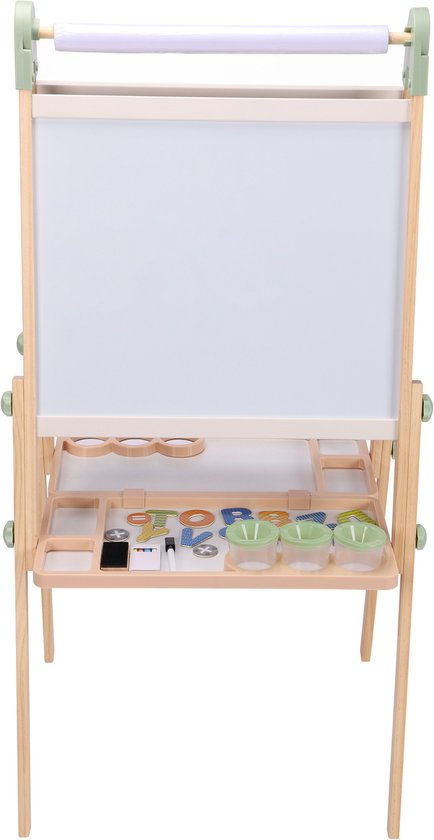 Sunny Luna Activités – Chevalet réglable en bois pour enfants – Chevalet de jeu avec tableau blanc et ardoise – Tableau magnétique – Rouleau de papier, gobelets et accessoires inclus – Jouet éducatif