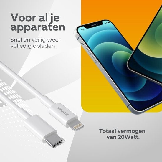 Chargeur - Wurk - Convient à l'iPhone et à l'iPad - Chargeur rapide 20W - Câble de charge 1M - Convient également aux iPhones plus anciens