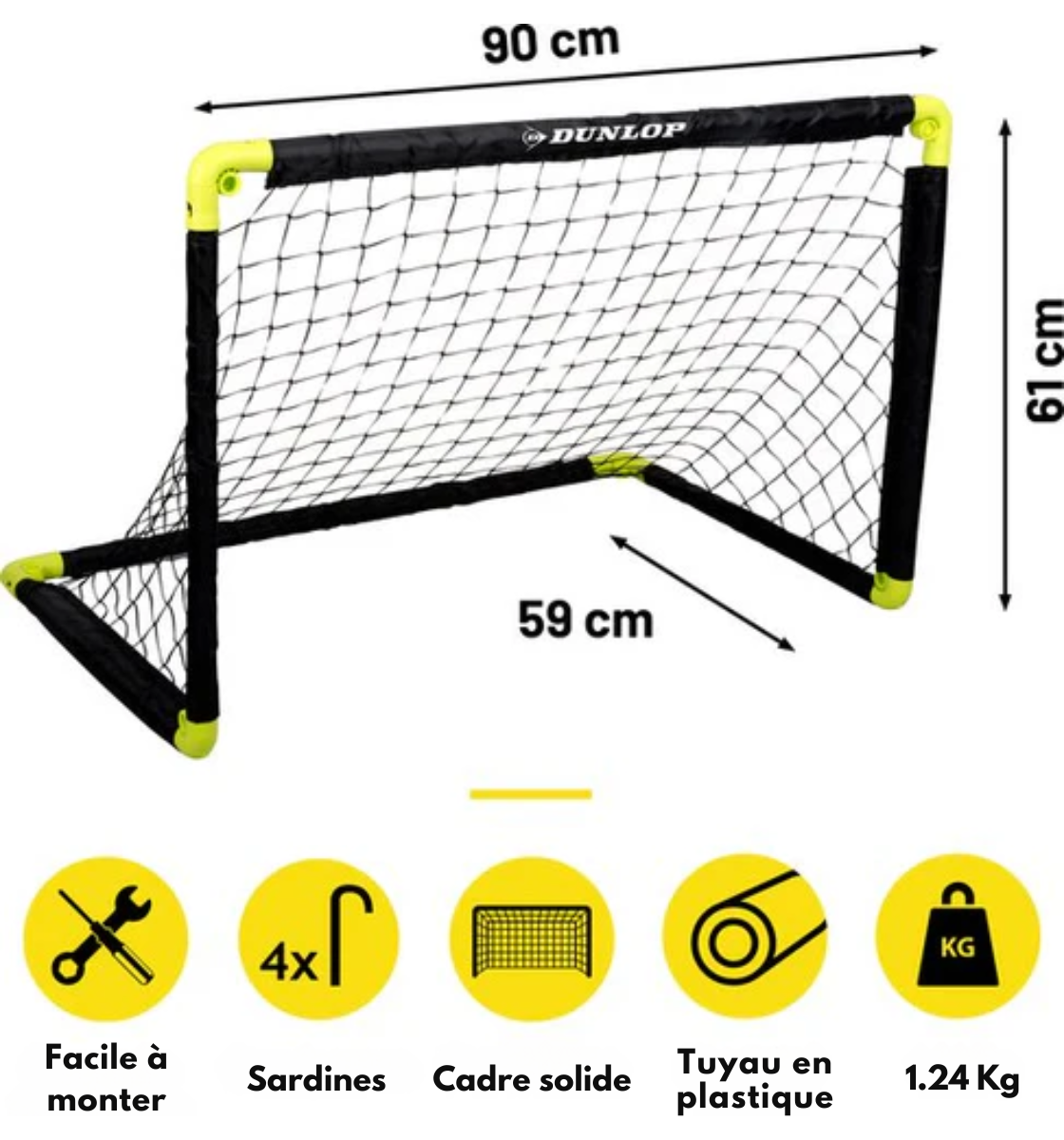 But de football - Dunlop - 90 x 59 x 61cm - Pliable - Plastique - noir/jaune