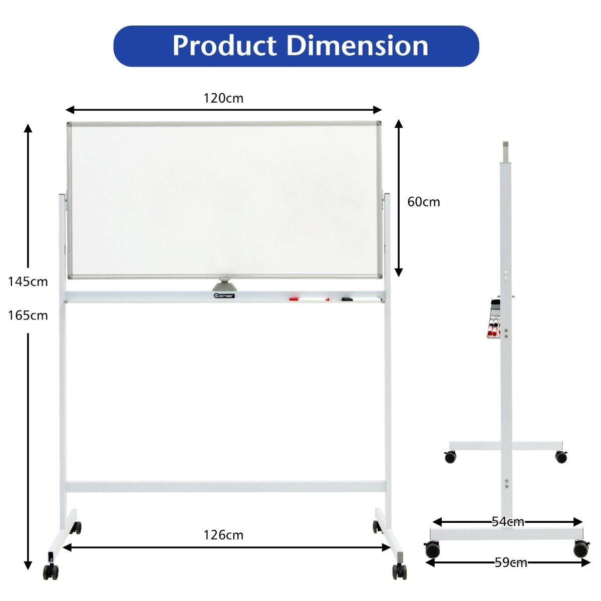Coast Double -sided magnetic mobile whiteboard adjustable dry dipable panel on wheels white
