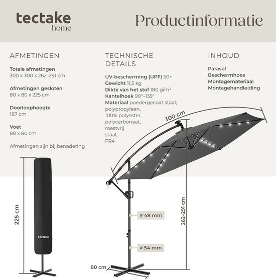 tectake® Parasol à pied flottant - 3 x 3 m - Parasol de jardin avec éclairage LED à énergie solaire - Orientable - Polyester imperméable avec protection UV - Housse incluse - Gris
