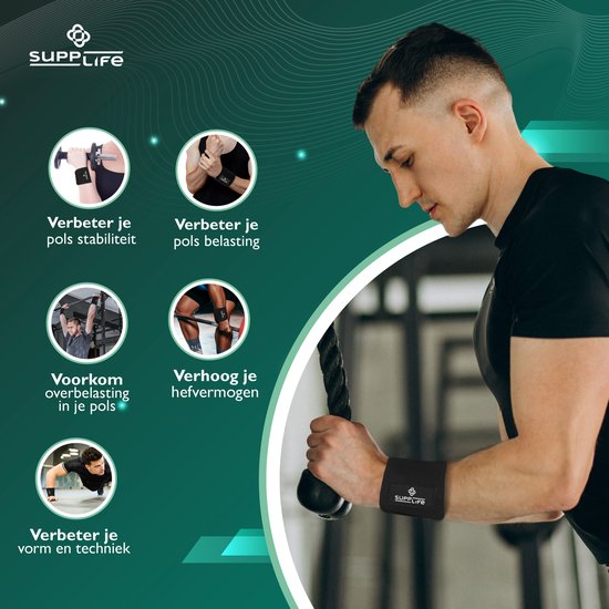 Supplife : bandes de poignet pour le fitness et le CrossFit - Lot de 2 - Bandes de poignet – Musculation – Attelle de poignet – Noir