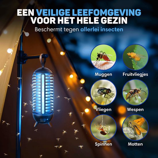 Vulpes Goods® Repellent - Mosquito lamp Rechargeable - Electric Insect Killer - Fly lamp - Insect lamp - UV mode & Night light - Suspendable - Waterproof - Incl. collection tray & cleaning brush
