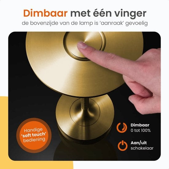 Goliving Lampe de table Rechargeable - Sans fil et dimmable - Lampe tactile moderne - Lampe de nuit pour la chambre à coucher - Résistant aux éclaboussures - 27 cm - Or