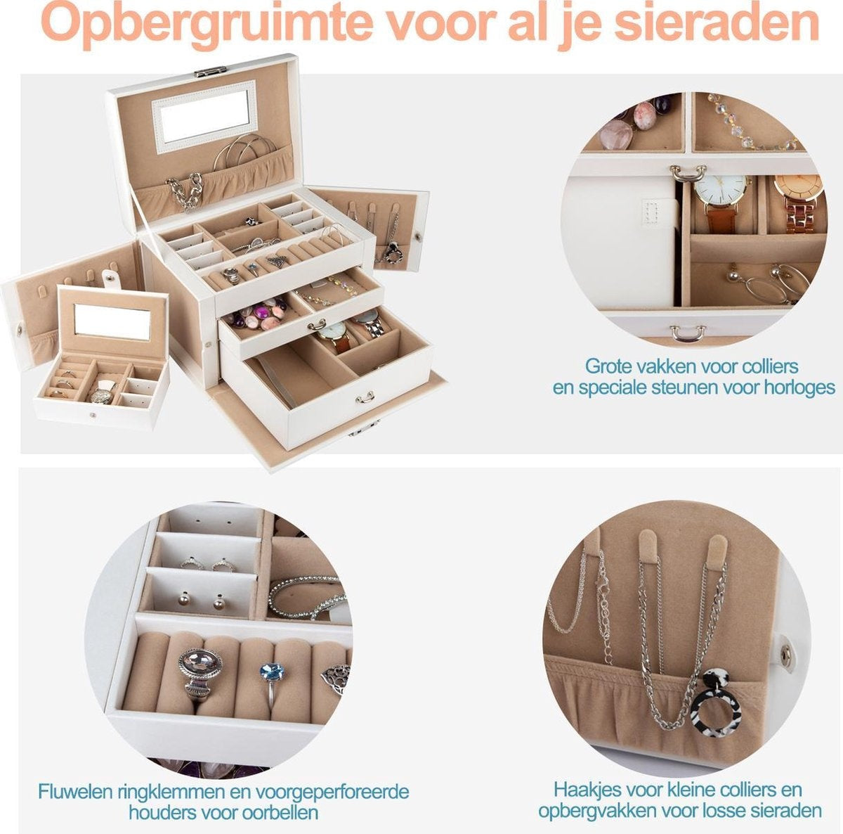 LifeGoods Boîte à bijoux XL - Boîte à bijoux - 20 compartiments - Blanc/Beige