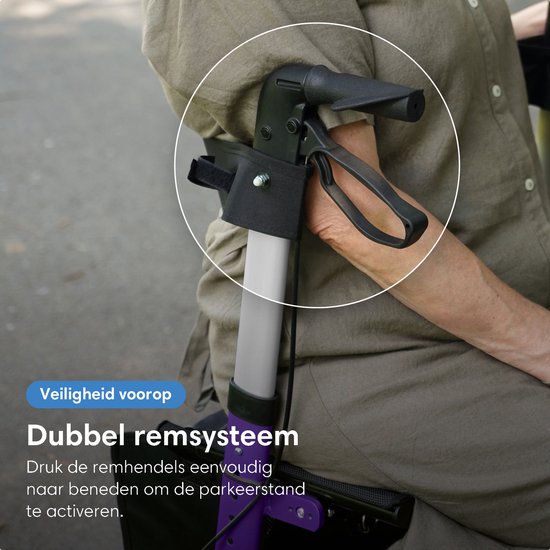 Rollator Safe Age® léger et pliable - Roues en caoutchouc - Siège intégré - Pour l'intérieur et l'extérieur - Dossier et support pour canne - Violet