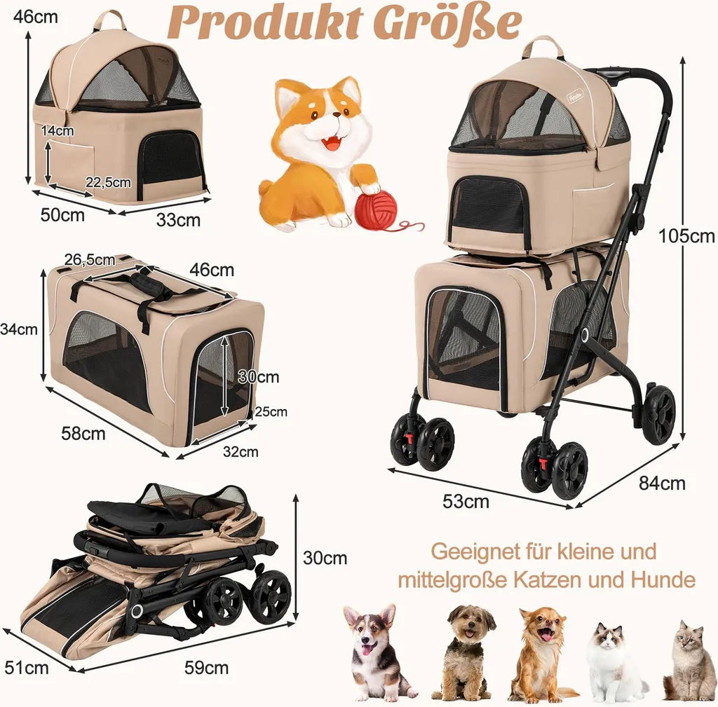 Poussette pour chien Coast 3-en-1 - Beige - Pliable - 53 x 84 x 105 cm