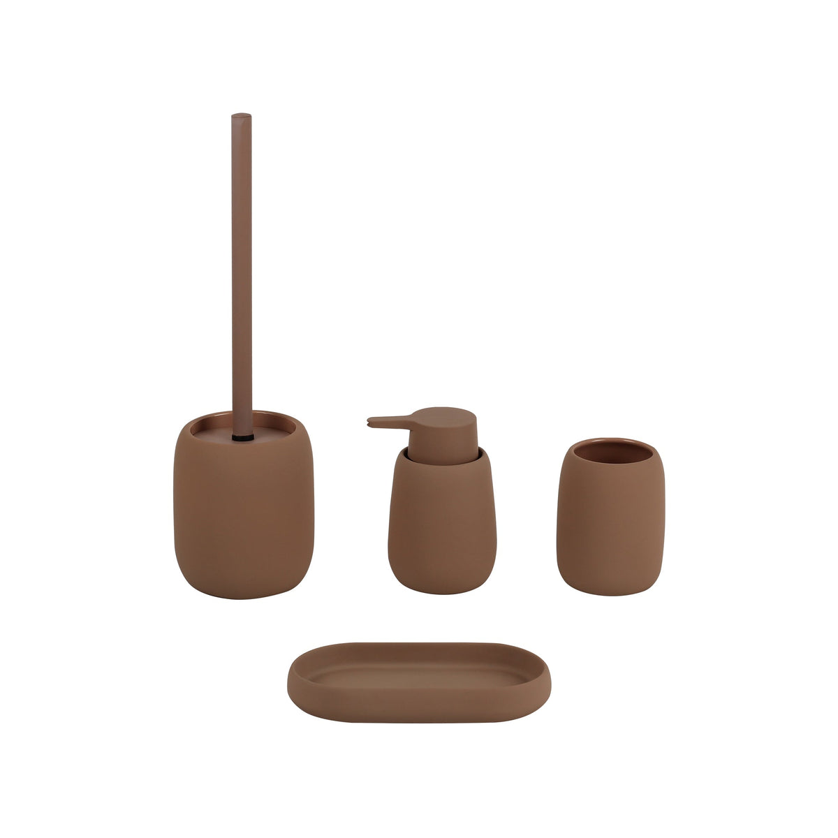 Ensemble de salle de bain en céramique Furnihaus, 4 pièces – Marron avec revêtement en caoutchouc – Accessoires de salle de bain en grès