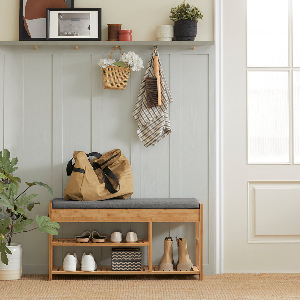 SoBuy FSR47-N Meuble à chaussures avec coussin de siège Tiroirs - Bambou - Avec 3 étagères