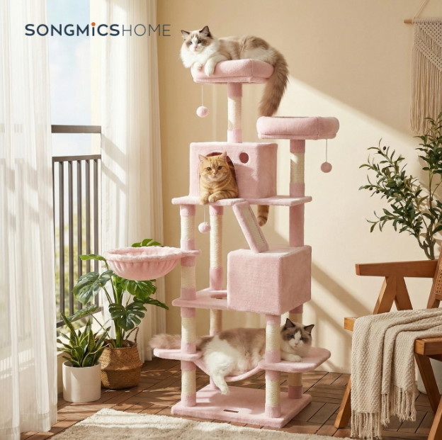 Joyfurnos L Arbre à chat 168 cm - Rose pastel - À plusieurs niveaux avec 13 poteaux à griffer et un hamac