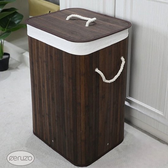 Panier à linge Ceruzo en bambou avec couvercle - 72 L - Bambou - Sac intérieur lavable - Trieur de linge - Poignées - Marron