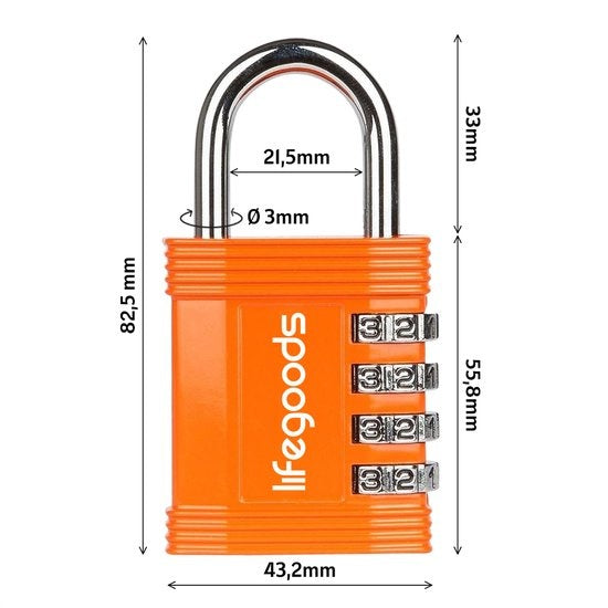 Cadenas LifeGoods - Serrure numérique - 4 chiffres - Résistant aux intempéries - Orange