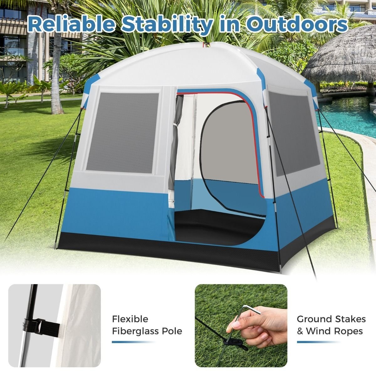Tente de camping Coast pour 5 personnes - Grande porte en filet et tapis de sol - Imperméable - 248 x 248 x 230 cm - Bleu/Blanc