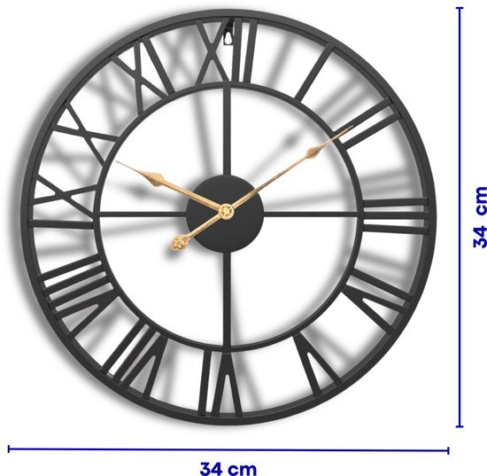 Horloge murale Tyme de style industriel – 34 cm – Chiffres romains – Facile à lire – Analogique – Mécanisme d'horlogerie – Horloge murale moderne – Quartz – Noire