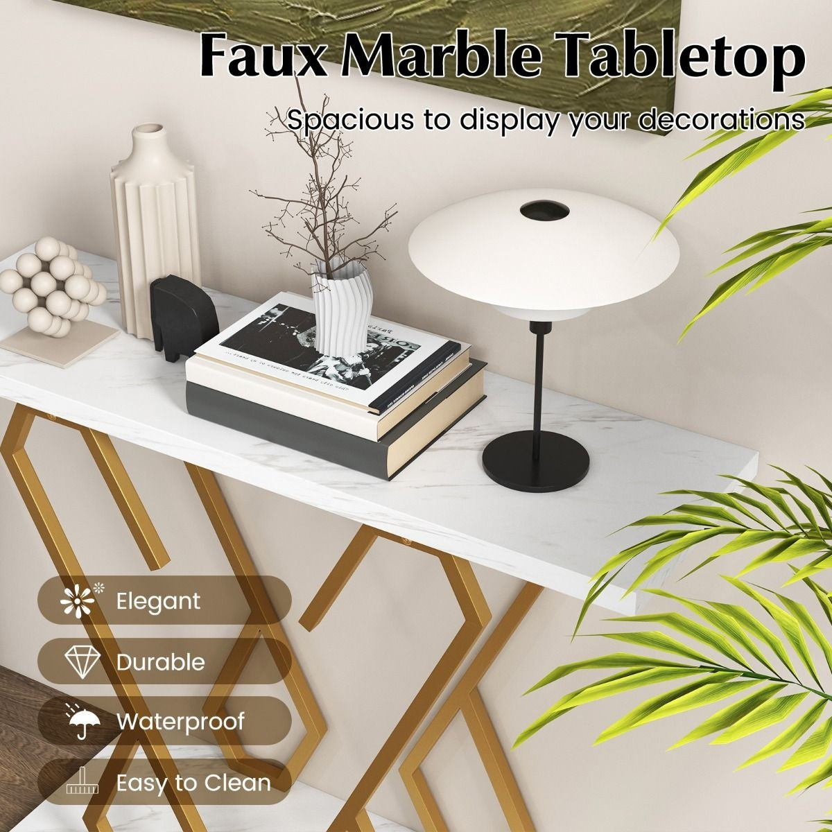 Table d'appoint Coast - aspect marbre - 100 x 30 x 79 cm - blanc/or