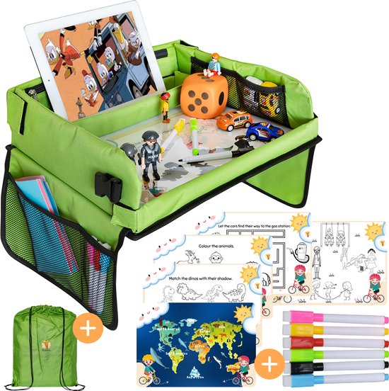 Qualita® Table de voyage pour enfants verte - Support de tablette pour voiture - Table de voiture - Table de jeu pour voiture - Organisateur de voiture pour enfants - Table de dessin pour voiture - Table de voyage pliable - Table de voyage pliable - Quali
