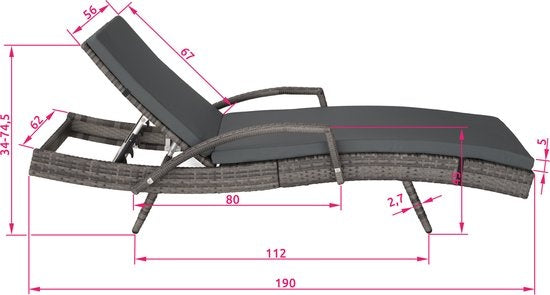 tectake® - Chaise longue en osier - Dossier réglable (5 positions) - Coussin de chaise longue inclus avec housse lavable - gris - poly-rattan