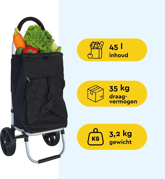 BRASQ Caddie - 45 Litres - Caddie avec compartiment réfrigérant - Pliable - Résistant aux intempéries - jusqu'à 35KG - Structure en aluminium