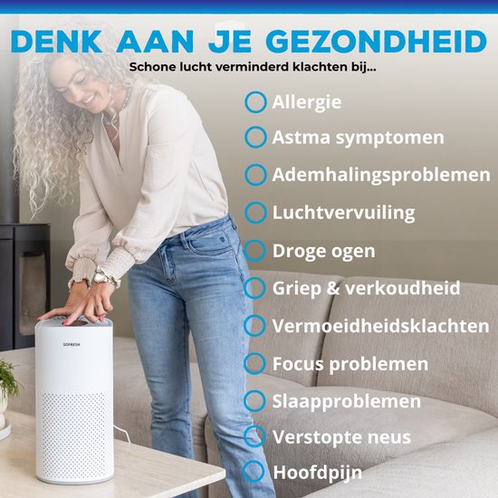 Sofresh - Purificateur d'air avec application - Pour les pièces jusqu'à 30 m² & système de filtration 6 en 1 - Équipé d'un filtre Hepa et d'un indicateur de qualité de l'air - 195 x 195 x 388 mm - Plastique blanc