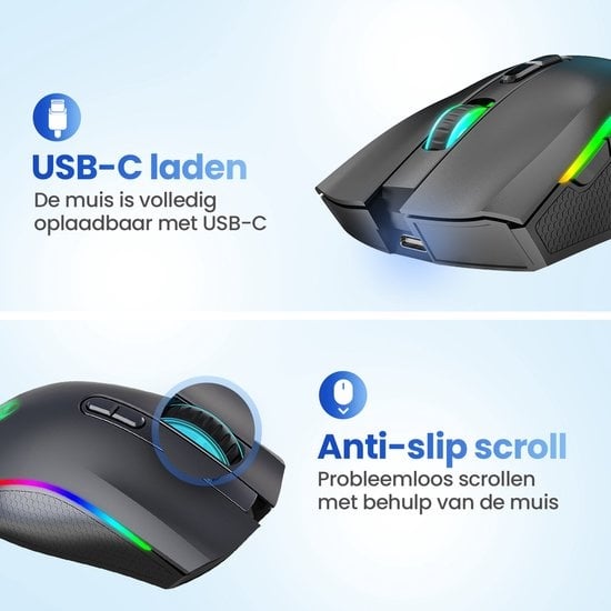 Garpex® Silent Wireless Mouse - Gaming Mouse - Computer Mouse - Mouse Wireless - With LED Lighting - Rechargeable - Black