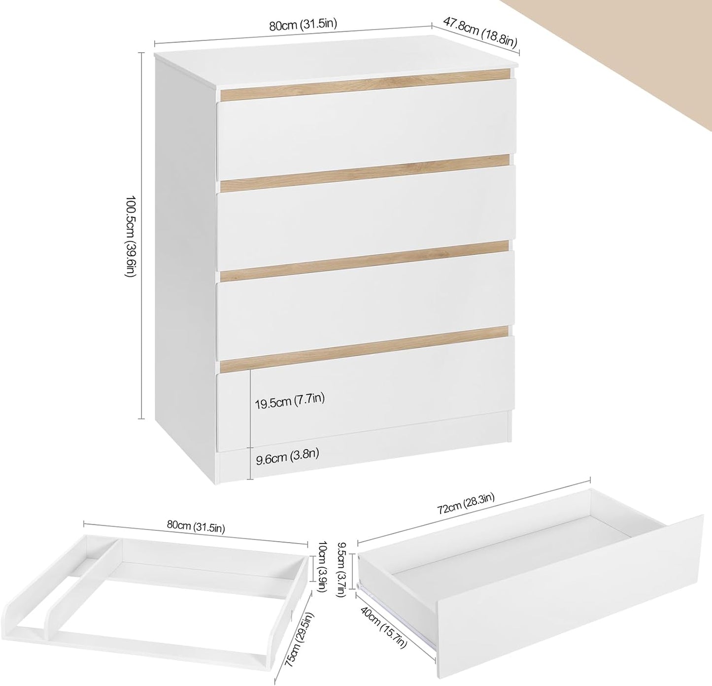 Commode pour bébé WOLTU avec planche à langer amovible – 4 tiroirs – Bois certifié FSC – Blanc