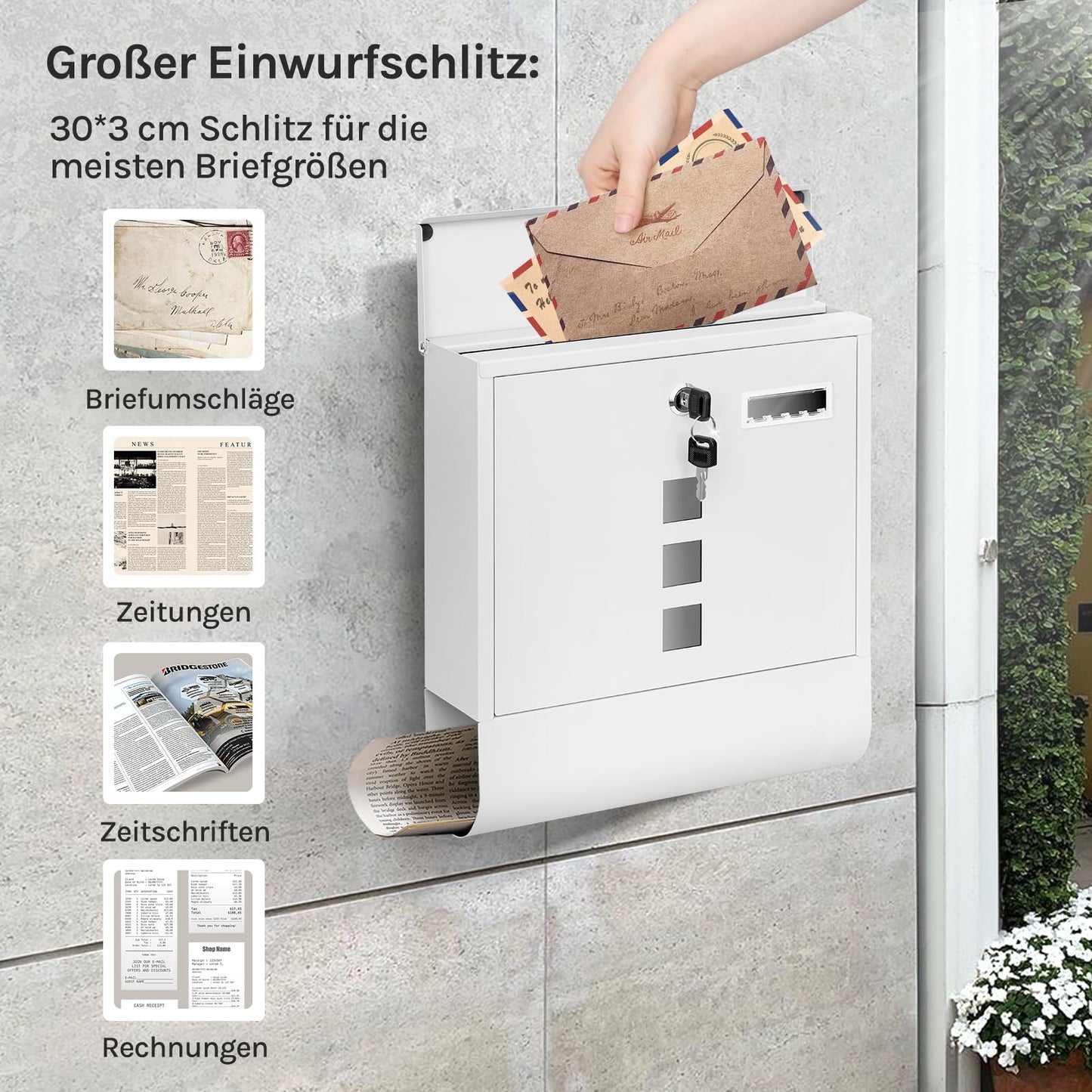 Boîte aux lettres murale Woltu - 10 x 30,8 x 33,8 cm - Compartiment à journaux - Plaque nominative - Blanc