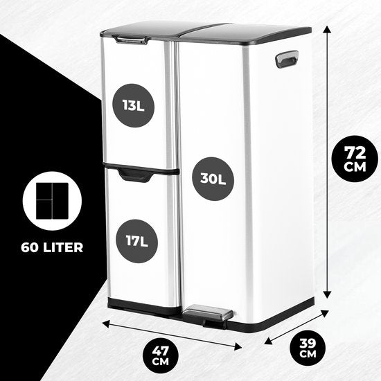 Bayt Poubelle - Poubelle 60 litres - Poubelle 60 litres - Poubelle à pédale 60 litres - Poubelle tri sélectif - Poubelle 3 compartiments - Poubelle - inox - Blanc