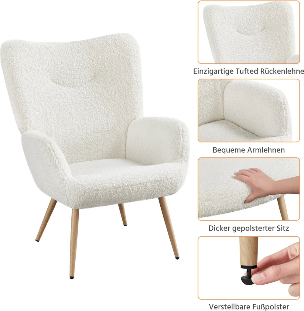 Fauteuil de détente Yaheetech 73,5 x 81 x 98 cm - Blanc - Fauteuil scandinave avec revêtement en bouclé