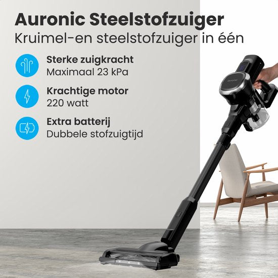 Auronic Stick hoover - Sans fil - Sans sac - Alimenté par batterie - Autonome - 220W - Batterie supplémentaire - Aspirateur - Noir