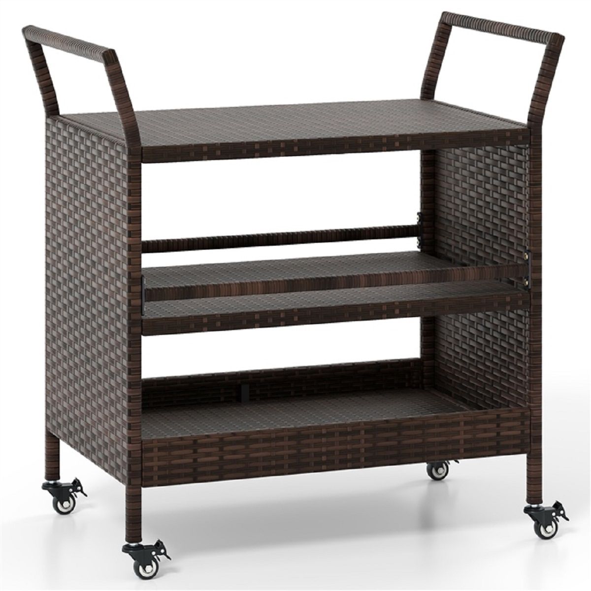 Chariot de bar d'extérieur Coast - 3 étagères - Rotin avec roulettes verrouillables - Marron - 86 x 50 x 89 cm