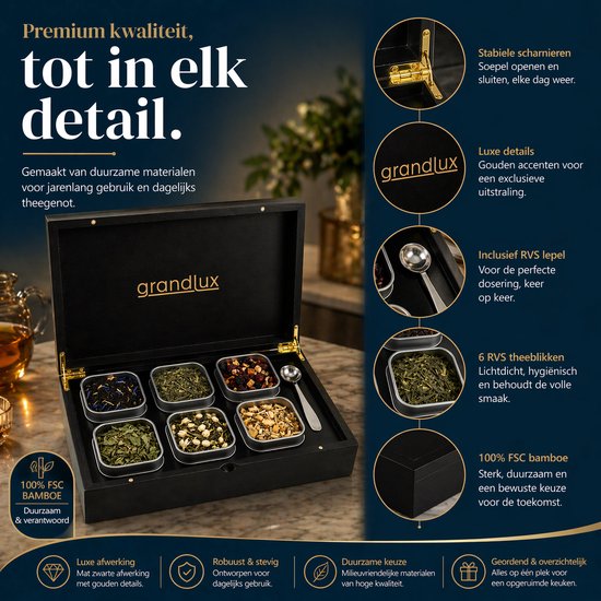 Boîte à thé Grandlux à 6 compartiments – Boîte à thé pour thé en vrac – Cuillère en acier inoxydable – 100 % bambou certifié FSC – 6 boîtes à thé – Organiseur à thé – Boîte à thé – Noir