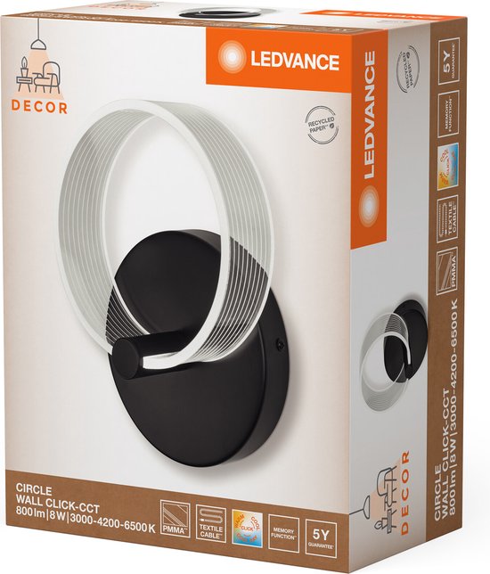 L'applique murale LEDVANCE DECOR Circle, de forme circulaire, offre une solution d'éclairage de 8 watts, dotée de la fonction Click CCT permettant de régler la couleur de la lumière de manière flexible.
