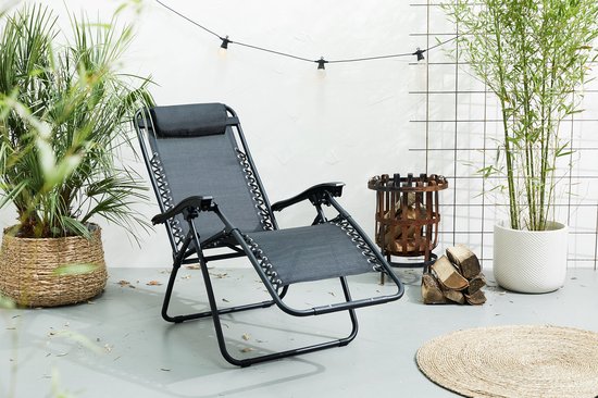 909 Outdoor - Chaise longue - avec coussin de tête - dossier et repose-pieds réglables - acier - 92 x 65 x 114 cm - pliable - poids maximal : 120 kg