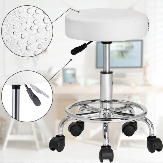 Tabouret roulant - Réglable en hauteur et rotatif à 360°C - Hauteur d'assise 51-65cm Blanc