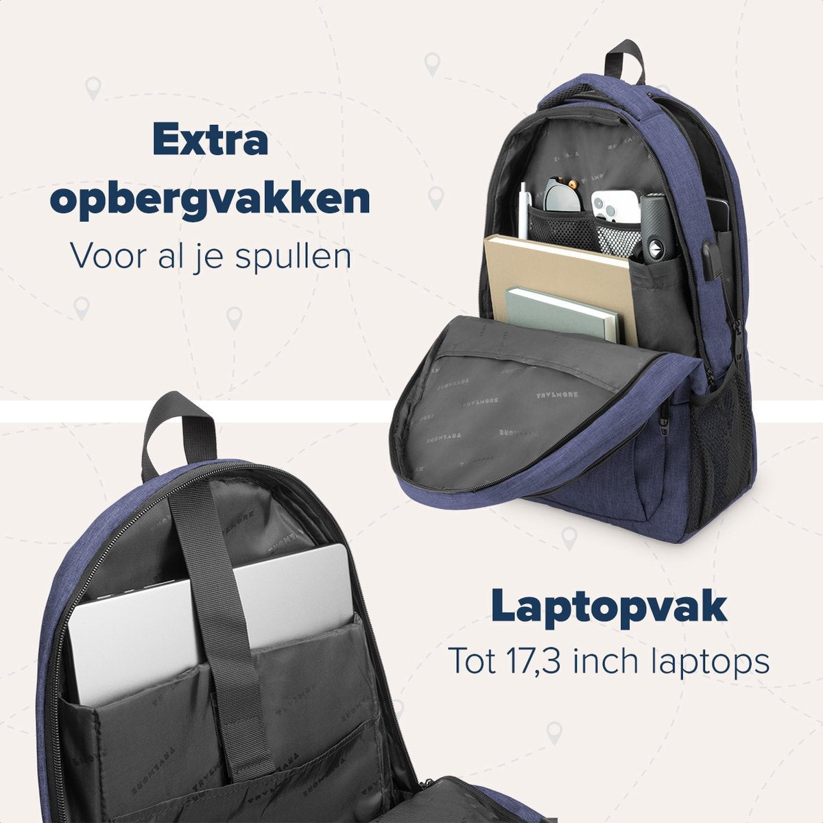 TRVLMORE Sac à dos - 36L - 17.3 inch - Sac à dos pour ordinateur portable - Sac d'école - Unisex - Splashproof Blue