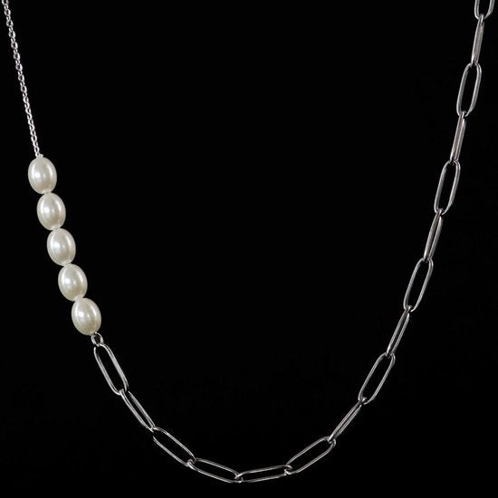 Laura Ferini Ladies Necklace Perla Silver - Chaîne à maillons asymétriques en argent avec perles - plaqué or blanc 18K - Collier - Collier - Bijoux - Accessoires - Collier pour dames avec perles