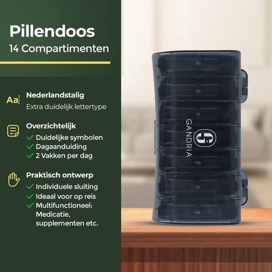 Boîte à pilules Gandria 7 jours - Boîte à pilules amovible - Boîte à médicaments avec 14 compartiments - Boîte à médicaments avec fermeture solide - 2 compartiments par jour - Noir