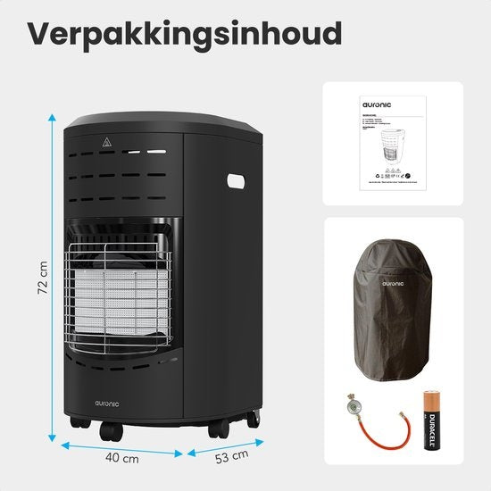 Réchaud à gaz mobile Auronic - avec roues - jusqu'à 60 m² - avec détendeur et tuyau de gaz - avec housse de rangement - noir