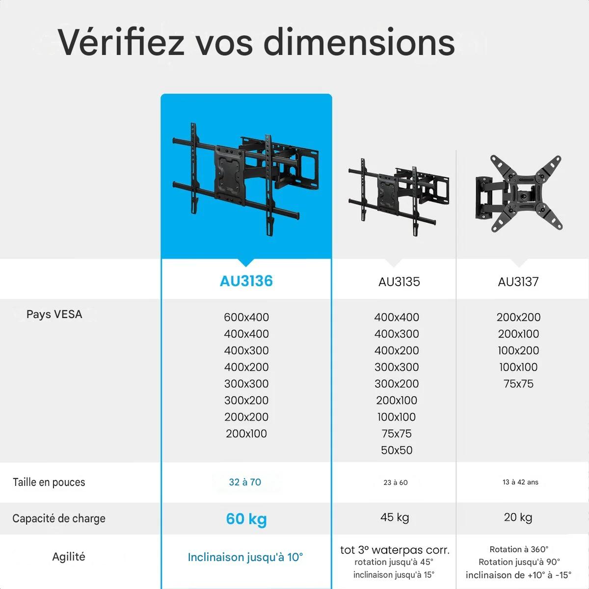 Support mural pour écran - Auronic - Support TV - Rotatif et inclinable - 37 à 70 pouces - jusqu'à 60 KG - Noir
