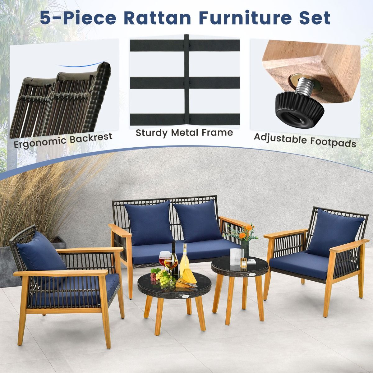 Coast 5-Piece Rattan Outdoor Furniture Set Brown with Navy Blue Cushions - 2 Chairs, Loveseat and 2 Coffee Tables (Chair 75x76x80 cm, Loveseat 132x76x80 cm, Table Ø48 cm & 60x38 cm)