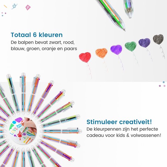Partizzle 24x Stylos à bille multicolores - Stylos à bille pour l'école - Couleurs créatives - Stylos à bille Grabbelton - Cadeaux pour enfants - 6 couleurs